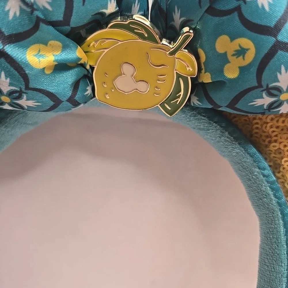 Disney Parks Minnie Mouse Ears Headband | Teal‎ Jeweled Sequin Bow | Apple Charm